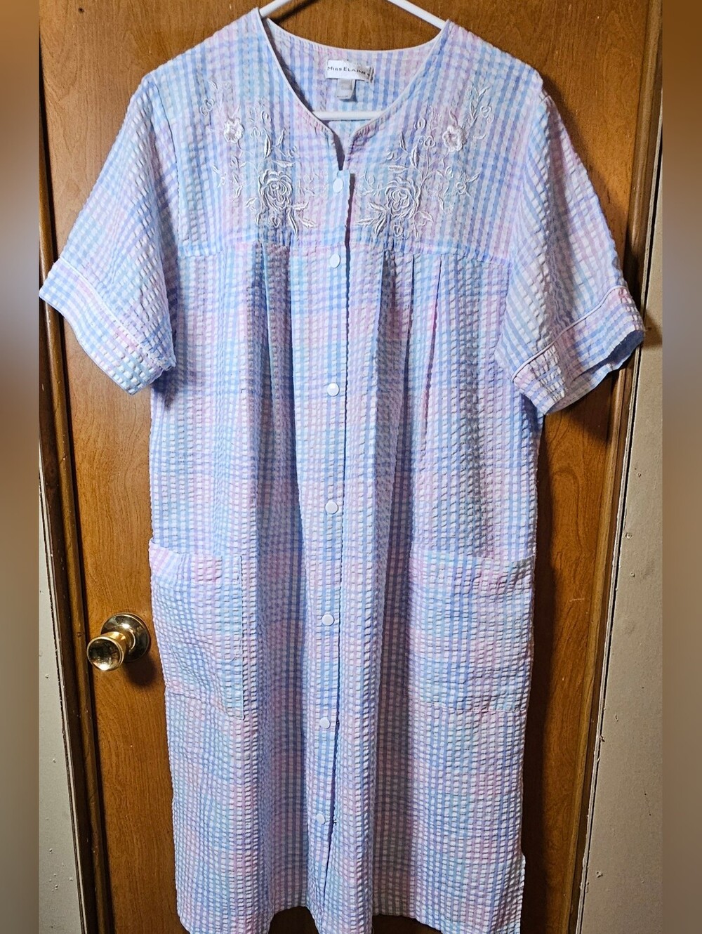 Miss Elaine Pastel Pink and Blue Button-Front Housecoat